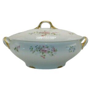 P.L. Limoges France Covered Tureen Pink Blue Floral Green Accent Gilded Details